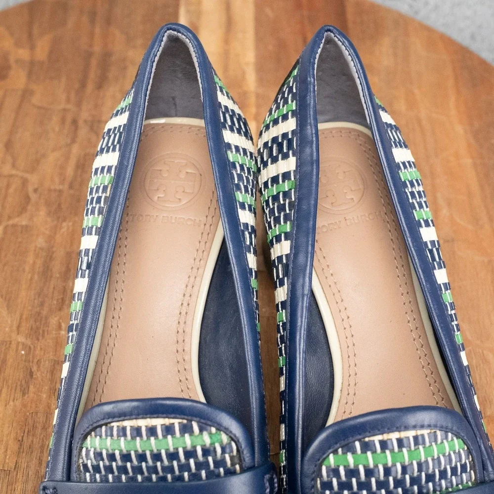 Tory Burch Stamford Tassel Pumps Block Heel Women Sz 6 M Blue/Green Summer